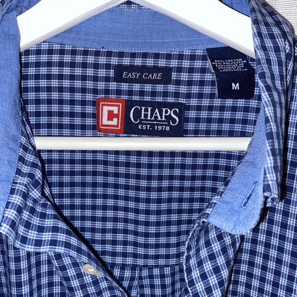 Chaps Shirt Mens Medium Blue Plaid Easy Care Casual Button Up Spellout Logo - Picture 5 of 5